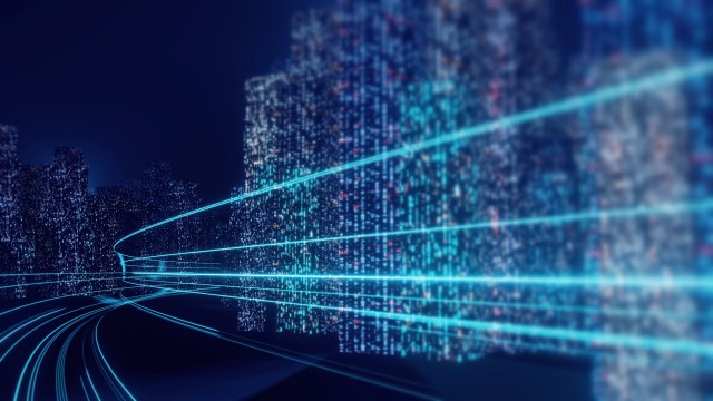 Abstract digital highway connecting data towers representing agentic AI enabling enterprise-wide orchestration and structural innovation